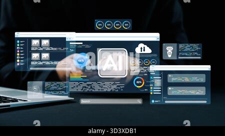 A high-tech digital workspace featuring an artificial intelligence interface with multiple screens displaying data analysis, user interaction elements Stock Photo