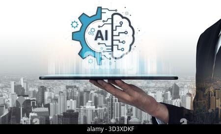 Concept of Artificial Intelligence combining industrial automation with cognitive technology. A machine learning brain processes information to Stock Photo