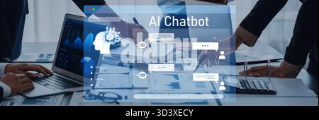 A group of business professionals engaging with an AI chatbot interface while analyzing data. This scene represents the integration of technology and Stock Photo