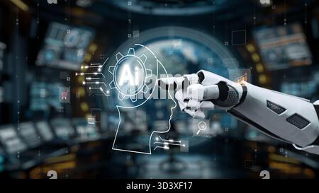 Futuristic Robot Hand Interacting with Artificial Intelligence Concept in High-Tech Environment, Showcasing Innovation and Technology Advancements Stock Photo