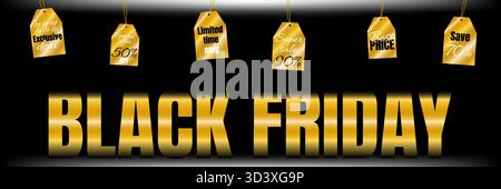 Horizontal Black Friday banner with large gold gradient lettering and hanging gold sale tags on a black background. Suitable for web ads, headers, and Stock Vector