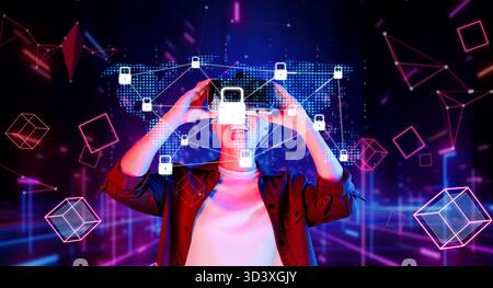 Explore the intersection of global business and cybersecurity in a digital space, highlighting innovative solutions for connectivity and secure data Stock Photo