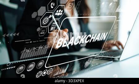 Business Professional Working with Blockchain Technology and Data Analytics on a Modern Digital Interface. Asymptotic smart data analytic. Stock Photo