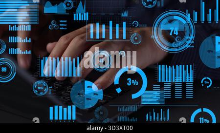 A close-up of hands typing on a keyboard, overlaid with various data visualization elements such as graphs, charts, and numerical indicators Stock Photo