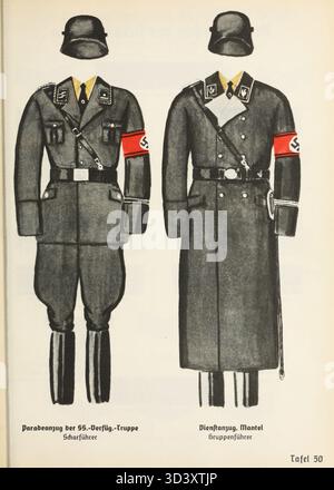 A 1936 illustration showing SS uniforms from the NSDAP Organization ...