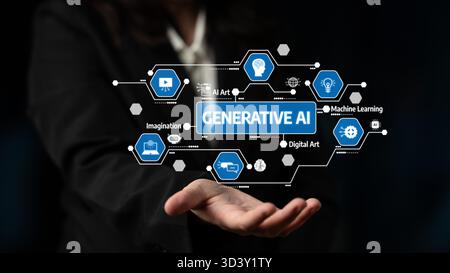 A conceptual image showcasing generative AI with graphics and hand representation, highlighting the fusion of technology and creativity in the digital Stock Photo