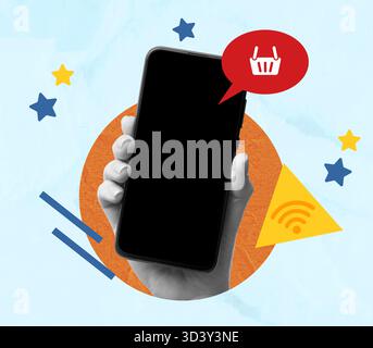 Content manager. Smartphone in woman's hand and icons on color background, creative collage Stock Photo
