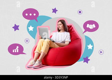 Content manager, creative collage. Woman using laptop on color background. Speech bubbles with icons around her Stock Photo