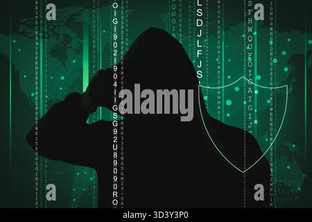 Cyber attack. Anonymous hacker against digital world map. Shield and codes on dark green background Stock Photo