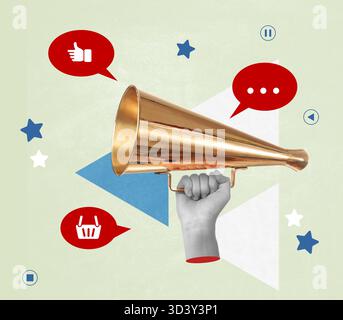 Content manager. Retro megaphone in woman's hand and icons on color background, creative collage Stock Photo