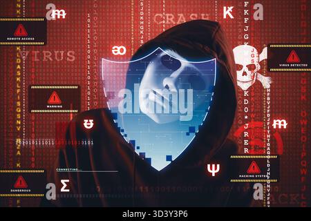 Cyber attack. Anonymous hacker looking at dissolving shield on virtual screen. Warning system notifications Stock Photo