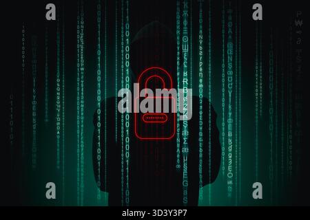 Cyber attack. Anonymous hacker, digital open lock and programming codes on dark green background Stock Photo