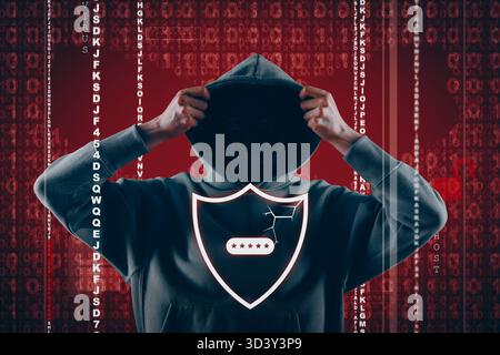 Cyber attack. Anonymous hacker in mask looking at shield with password asterisks on virtual screen. Binary code on dark red background Stock Photo