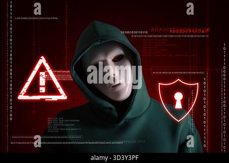 Cyber attack. Anonymous hacker in mask on dark red background. Programming codes, warning sign and shield with lock hole Stock Photo