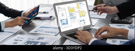 UX UI design process for brisk mobile application and website . Creative prototype of wireframe for professional app developer . Stock Photo