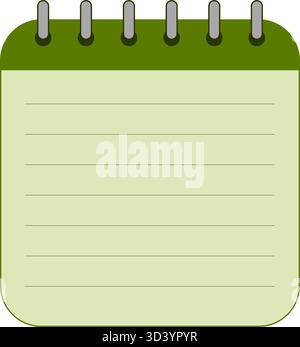 Blank notepad with green cover and spiral binding. Lined memo pad for notes and reminders Stock Vector