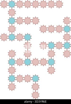Intertwined repeating pattern of pink and blue star shapes forming a maze or labyrinth structure Stock Vector