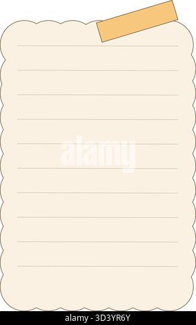 Lined note paper with scalloped edge and taped corner. Cute blank memo sheet or scrapbook page with light brown lines Stock Vector