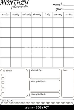 Black and white monthly planner template with calendar grid and various activity sections. Printable calendar design for planning and organizing Stock Vector