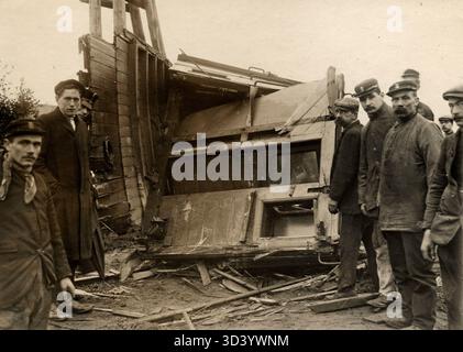The destroyed brake house of a carriage, from which the body of the brakeman was recovered. This photo series depicts the aftermath of the railway disaster in Breda, Netherlands, in 1910. Stock Photo