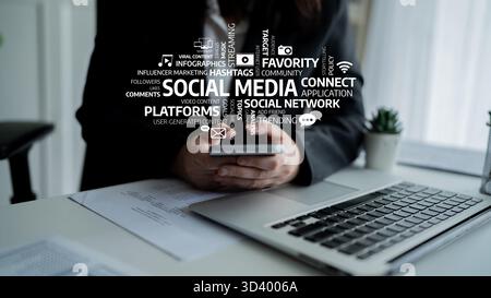 A business professional interacts with a smartphone, embodying the dynamic world of social media marketing and innovative strategies for modern Stock Photo