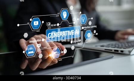 Engaging visual representation of generative AI technology showcasing icons related to creativity, digital art, and machine learning in a modern Stock Photo