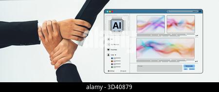 Hands of business professionals join together around a digital screen showcasing colorful wave patterns, highlighting collaboration in technology and Stock Photo