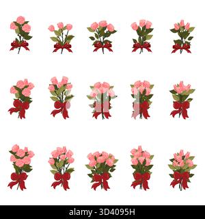 A set of bouquets of light pink roses with a large red bow. Vector illustration on a white background. Stock Vector