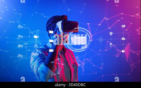 Explore a captivating virtual reality scene showcasing a user interacting with digital data management concepts against a vibrant blue and pink Stock Photo