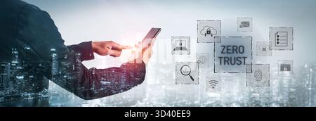 Zero trust model enhances data protection. Zero trust blocks unauthorized access, secures devices, zero trust defends networks, and zero trust Stock Photo