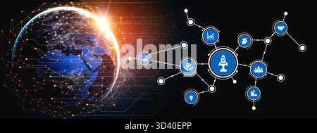 This image depicts a visual representation of global connectivity with Earth, data networks, and innovative icons symbolizing progress and future Stock Photo