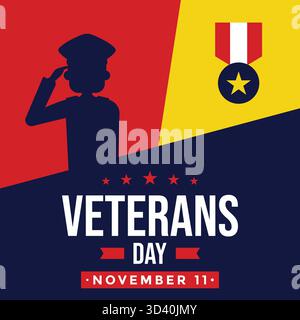 Stylized Veterans Day illustration with a saluting figure on red background, yellow medal icon, and bold typography suitable for social media posts. Stock Vector