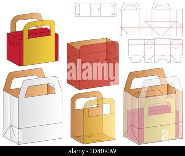 Bag and Box Packaging Dieline Vector with Handle and Structural Layout Views Stock Vector