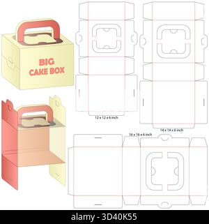 Big Cake Box Dieline Vector with Handle  Multi Size Foldable Packaging Template Stock Vector