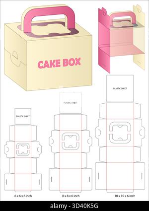 Cake Box Dieline Vector with Handle and Transparent Window  Multi Size Packaging Layout Stock Vector