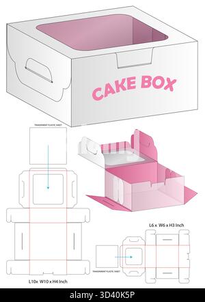 Cake Box Dieline Vector with Handle and Transparent Window Multi Size Foldable Layout Stock Vector