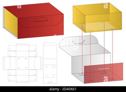 Foldable Packaging Box Dieline Vector with Handle and Exploded Structural View Stock Vector