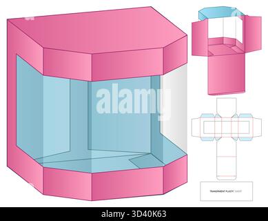 Transparent Plastic Box Dieline Vector with Colored Net and 3D Assembly View Stock Vector