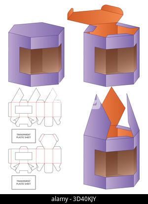 Hexagonal Packaging Box Dieline Vector with Transparent Windows and Assembly Guide Stock Vector