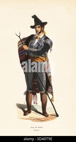 Spanish dandy of Jerez de la Frontera, Spain (mislabeled Mexico). In conical hat, striped and tasseled manton shawl, decorated jacket and breeches, sash, boots, holding a two-prong hay fork. Majo de Jerez (Mexique). Handcoloured woodcut by L. Markaert after TS from Auguste Wahlen's Moeurs, Usages et Costumes de tous les Peuples du Monde, (Manners, Customs and Costumes of all the People of the World) Librairie Historique-Artistique, Brussels, 1845. Stock Photo