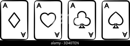 Set of poker playing cards in doodle style. Casino and poker playing cards icons set in linear style vector illustration. Stock Vector