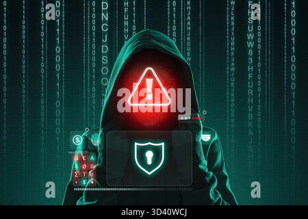 Cyber attack. Anonymous hacker with warning sign instead of face using virtual screen. Programming codes on dark green background Stock Photo