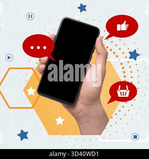 Content manager. Smartphone in man's hand and icons on color background, creative collage Stock Photo