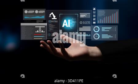 Artificial intelligence improves industrial automation, optimizing data analytics, precision robotics, and smart factory operations to enhance Stock Photo