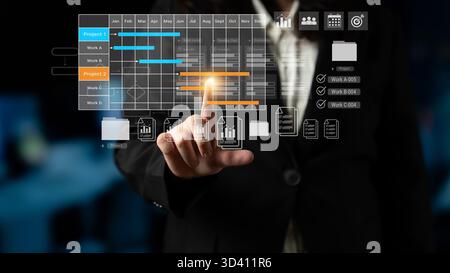 Digital visualization of multiple project timelines with progress tracking, documents, and team collaboration symbols Parse Stock Photo