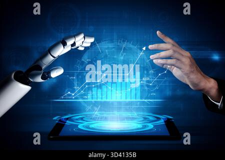 A captivating image showcasing a robotic arm and a human hand reaching towards each other, surrounded by digital graphs and data on a tablet Stock Photo
