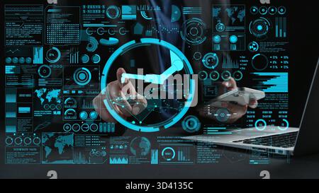 Explore a cutting-edge digital workspace showcasing advanced technology and data analysis tools for effective business strategies and innovative Stock Photo