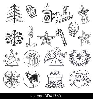 Cute Santa Claus, snowman, and holiday elements drawn in clean vector line art style. Ideal for winter festival illustrations, kids’ designs, and Chri Stock Vector