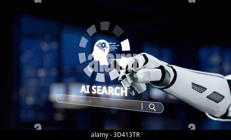 A futuristic robotic hand interacts with an AI search interface, illustrating the integration of technology and artificial intelligence in modern Stock Photo