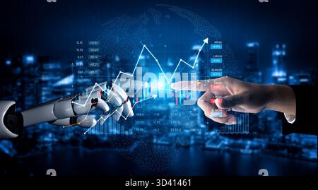A striking visual of a robot hand and a human hand reaching towards each other, set against a backdrop of financial data visualizations, symbolizing Stock Photo